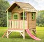 Kinder-Holz-Spielhaus flach Stelzenspielhaus farbig lasiert Veranda Rutsche grün